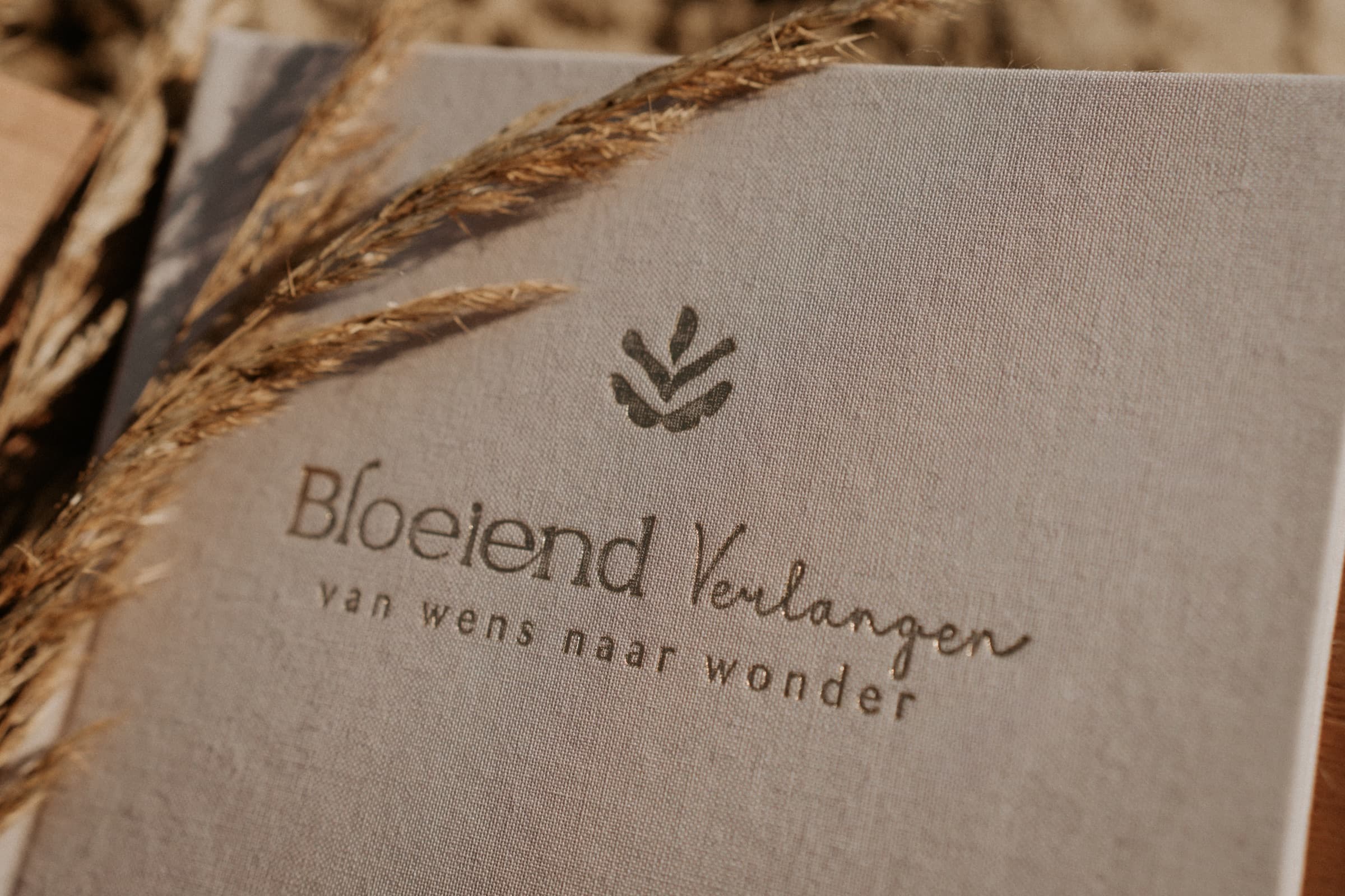 Detail van de linnen kaft met titel Bloeiend Verlangen en goudfolie